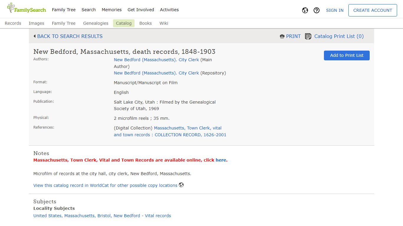 New Bedford, Massachusetts, death records, 1848-1903